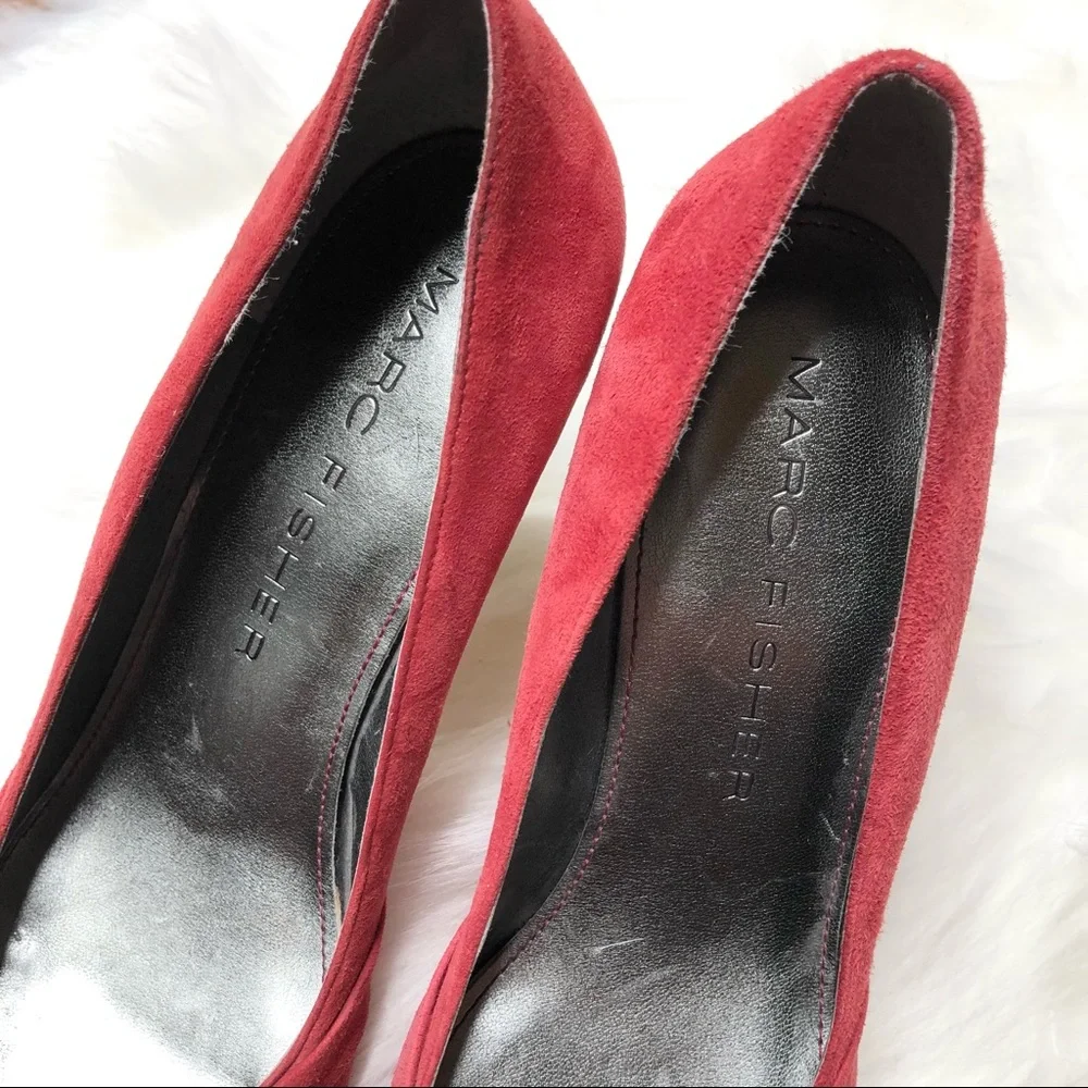 MARC FISHER Suede Leather Pumps Pleated Heels Stiletto Red Slip On Size 8M